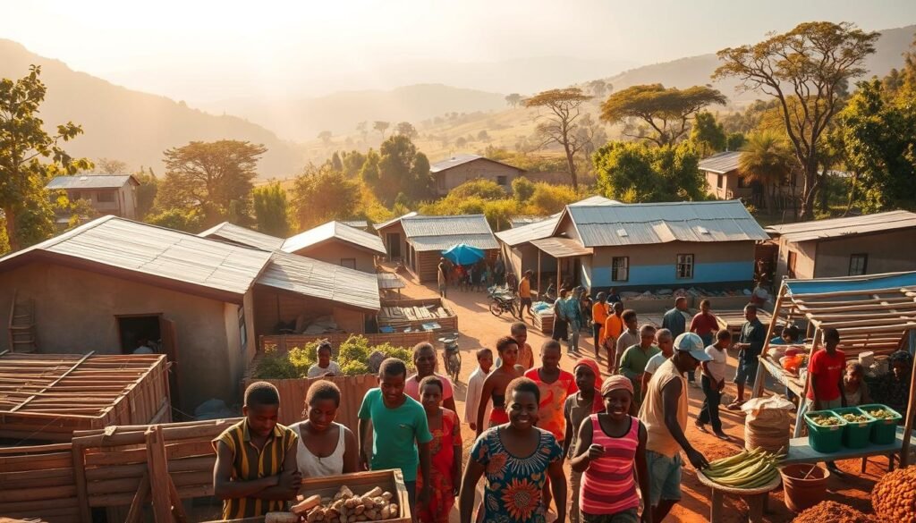 A bustling scene of a community-driven poverty alleviation program unfolds, bathed in warm, golden sunlight. In the foreground, a group of people work together to construct sturdy, well-designed houses, their faces radiating a sense of purpose and pride. In the middle ground, a thriving marketplace showcases locally-sourced goods and produce, reflecting the economic empowerment of the community. In the background, lush, verdant landscapes and towering trees suggest a harmonious integration of nature and human development, symbolizing the sustainable and holistic approach to tackling poverty. The overall atmosphere exudes a palpable sense of progress, resilience, and the collaborative spirit of a thriving, civic-minded society.