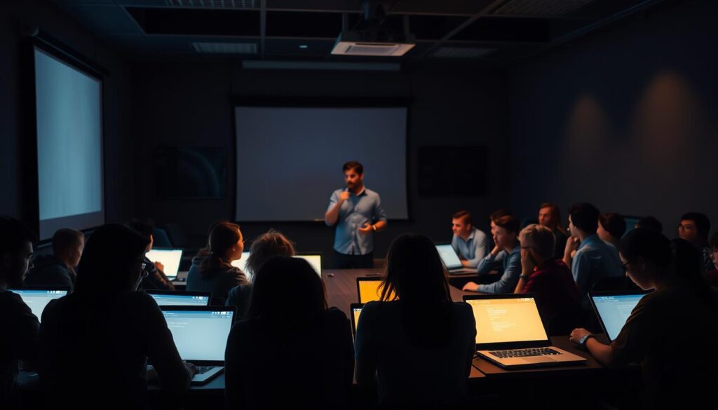 A dimly lit classroom, the corners shrouded in shadows, with a projection screen at the front casting a soft glow. In the foreground, a group of students, some seated at desks, others gathered around a central table, engaged in a lively discussion. Their faces are illuminated by the warm light of their laptop screens, their expressions a mix of concentration and collaboration. In the middle ground, a teacher stands, guiding the discussion, their hand gesturing towards the screen, emphasizing a key point. The background is blurred, suggesting the wider context of the hybrid learning environment, with a sense of technology and interconnectivity permeating the scene. The overall mood is one of dynamic engagement, with a touch of contemplation, reflecting the challenges and opportunities inherent in this evolving educational landscape.