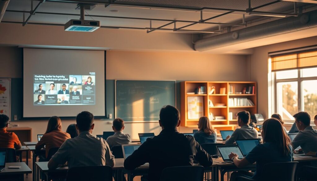 A dimly lit classroom with a projector screen at the front, displaying digital learning content. In the middle ground, a group of students seated at desks, engaged in a hybrid learning session, some using laptops and tablets. The background features a wall-mounted interactive whiteboard and shelves filled with educational resources. Warm, natural lighting filters in through large windows, creating a cozy, focused atmosphere. The overall scene conveys the integration of technology and traditional teaching methods, reflecting the evolving nature of modern education.