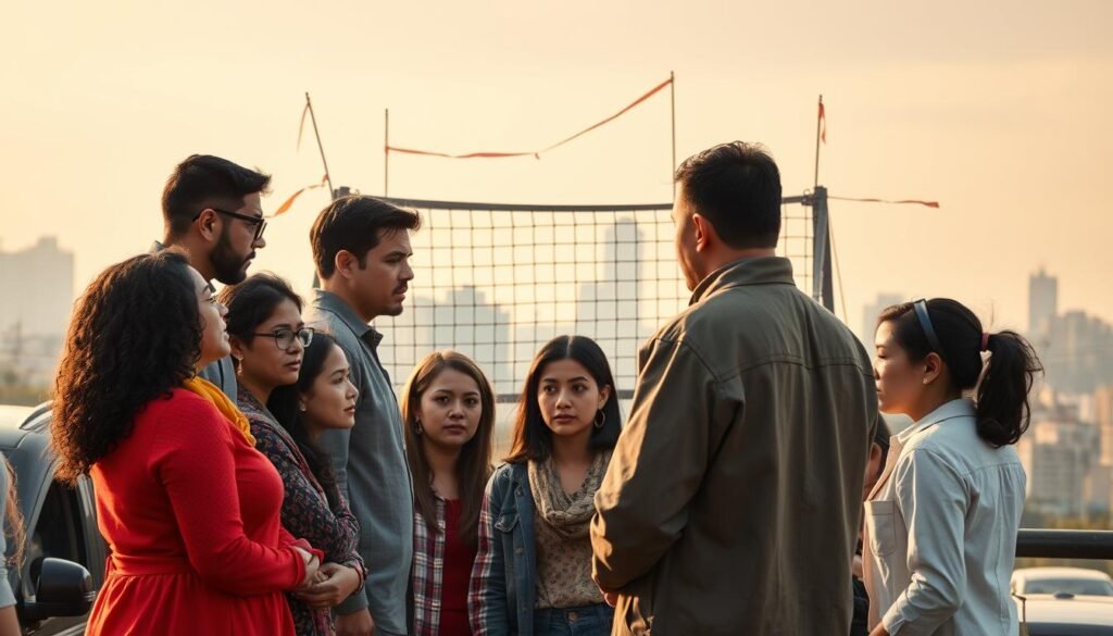 A diverse group of people from different backgrounds standing together, facing challenges and obstacles symbolizing the difficulties in building a civil society. The foreground depicts individuals of various ages, ethnicities, and social statuses locked in discussion, their expressions conveying a mix of determination and unease. In the middle ground, symbolic barriers and impediments, such as bureaucratic red tape, economic disparities, and social divides, loom large. The background showcases a cityscape, hinting at the urban setting where these challenges play out, with muted tones and a sense of uncertainty. Warm, natural lighting illuminates the scene, evoking a thoughtful, reflective mood. The overall composition conveys the complexities and tensions inherent in the pursuit of a civil society.