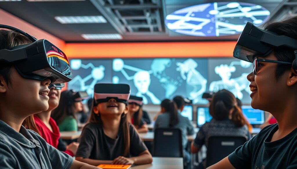 A dynamic classroom setting in 2025 Indonesia, where students immersed in AR/VR experiences for learning. In the foreground, a group of students wearing sleek VR headsets, their faces alight with wonder as they explore virtual environments. The middle ground reveals interactive holograms and 3D projections, guiding lessons in engaging, multi-dimensional ways. The background showcases a modern, tech-savvy classroom, with seamless integration of AR displays, sensor-enabled surfaces, and adaptive lighting. An atmosphere of excitement, collaboration, and boundless educational possibilities permeates the scene, capturing the future of learning in Indonesia.