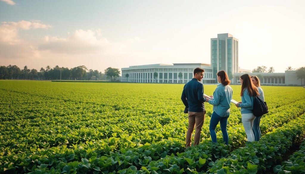 A lush green field stretches out, dotted with rows of verdant crops. In the foreground, a group of students in casual attire stand together, engaged in animated discussion. They seem to be in the midst of a selection process, evaluating applications and documents. Soft, natural lighting filters through wispy clouds, casting a warm glow over the scene. In the background, a modern university building stands tall, its architecture reflecting a blend of traditional and contemporary design. The overall atmosphere conveys a sense of academic rigor, intellectual discourse, and the promise of new opportunities in the field of agriculture.