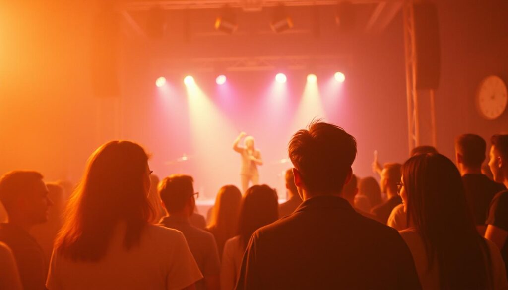 A nostalgic visual representation of a music video clip, capturing the essence of cherished memories. A hazy, dreamlike atmosphere envelops the scene, with muted tones and a vintage film-like aesthetic. In the foreground, a group of friends gather, their expressions conveying a sense of camaraderie and shared experiences. The middle ground features a stage, evoking the energy and excitement of a live performance. In the background, blurred silhouettes of a cheering crowd create a sense of immersion, as if the viewer is transported back to that pivotal moment in time. Soft, warm lighting casts a warm glow, heightening the emotional resonance and evoking a sense of timelessness. The overall composition and attention to detail capture the essence of the nostalgic musical journey, inviting the viewer to reminisce and relive the cherished moments.