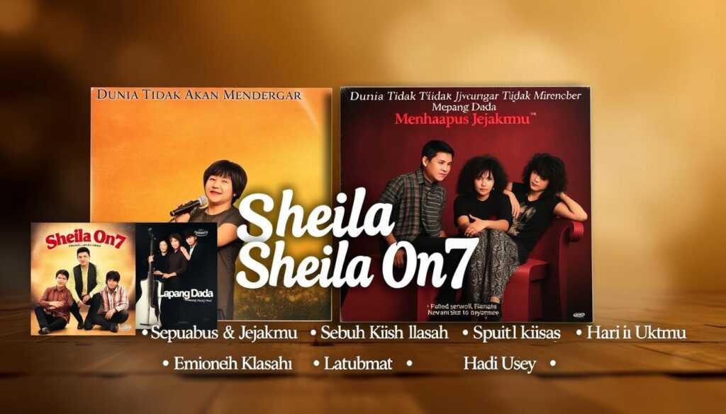 A photo collage showcasing the iconic album covers and well-known songs of the beloved Indonesian rock band Sheila On7. In the foreground, the distinct album art of "Dunia Tidak Akan Mendengar" and "Menghapus Jejakmu" take center stage, capturing the band's signature sound and emotional lyricism. In the middle ground, a selection of their most beloved hits like "Lapang Dada", "Sebuah Kisah Klasik", and "Hari Untukmu" are highlighted, conveyed through stylized album titles and song names. The background features a warm, hazy, and nostalgic atmosphere, evoking the timeless appeal of Sheila On7's music that has resonated with generations of Indonesian music fans.