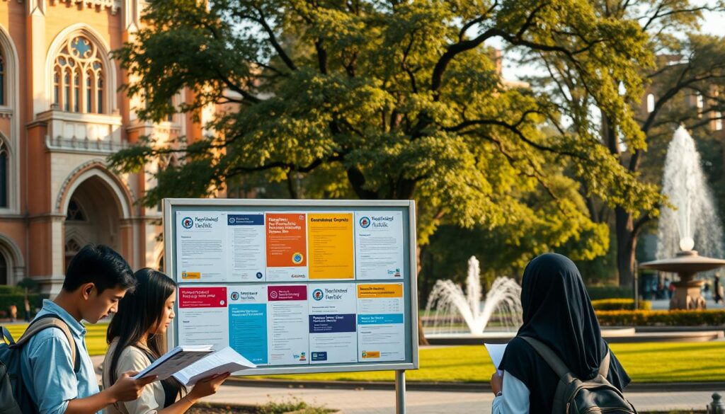 A prestigious university campus, its neo-gothic architecture bathed in warm afternoon sunlight. In the foreground, a group of earnest engineering students pore over documents, discussing scholarship opportunities. Midground, a large noticeboard displays colorful flyers advertising various "program beasiswa teknik" - engineering scholarship programs, their logos and details crisp and inviting. In the background, trees sway gently, and a fountain bubbles, creating a tranquil, contemplative atmosphere conducive to academic pursuits. The scene conveys a sense of intellectual vibrancy and possibility, where dedicated students can find the support they need to fulfill their educational aspirations.