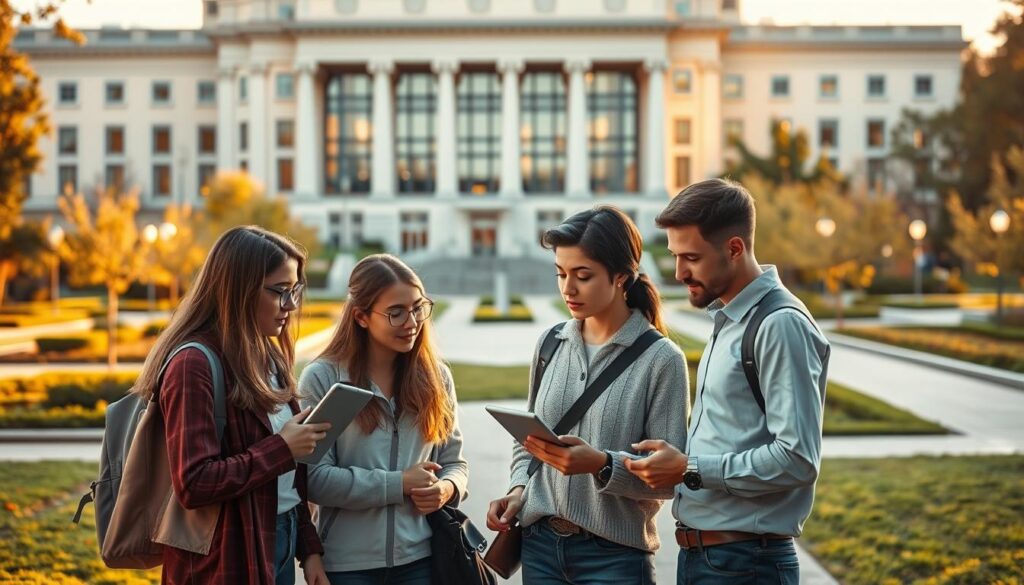 A serene campus setting, with an elegant, modern university building in the background, bathed in warm, golden afternoon light. In the foreground, a group of students earnestly discuss the process of applying for a prestigious engineering scholarship, their faces illuminated by the glow of a tablet screen. The middle ground features neatly manicured gardens and pathways, suggesting an atmosphere of academic excellence and opportunity. The overall mood is one of focused determination and the promise of bright futures, captured through a lens with a shallow depth of field to draw the viewer's attention to the central activity.