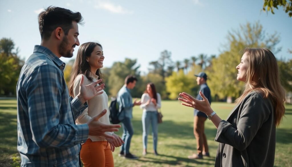 A serene outdoor scene with a group of people engaged in nonverbal communication. In the foreground, two individuals make eye contact and gesticulate expressively, their body language conveying a sense of connection and understanding. In the middle ground, a small circle of friends nod and smile, their postures relaxed and open. In the background, a tranquil park setting with lush greenery and a clear blue sky, creating a calming, contemplative atmosphere. The lighting is soft and natural, accentuating the warmth and intimacy of the nonverbal interactions. Captured with a wide-angle lens to showcase the broader context and emphasize the importance of nonverbal cues in everyday life.