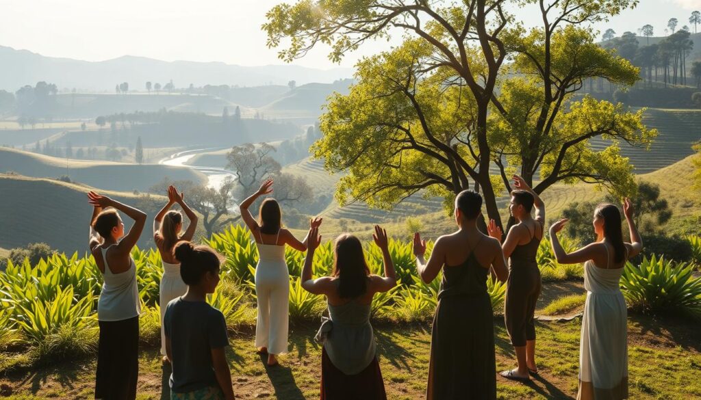 A serene, tranquil scene of Gerakan Aura Farming. In the foreground, a group of people stand in a circle, their bodies gently swaying as they perform a series of graceful, mindful movements. Sunlight filters through the lush, verdant foliage in the middle ground, casting a warm, ethereal glow. In the background, a picturesque landscape unfolds, with rolling hills, a babbling brook, and the distant silhouettes of ancient trees. The atmosphere is one of profound peace and inner harmony, as the practitioners channel their energies, finding balance and connection with the natural world.