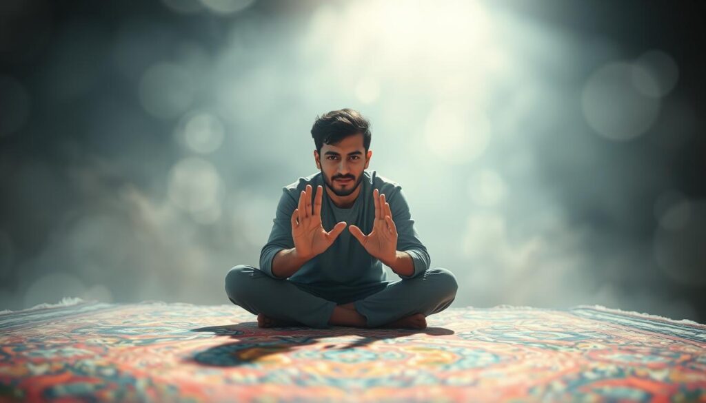 A serene, vibrant video recording of Rayyan, a young man deeply immersed in his art. The frame captures him sitting cross-legged on a colorful, intricately patterned rug, his gaze transfixed on the camera. Soft, diffused lighting bathes the scene, creating a sense of tranquility and intimacy. The background blurs into a hazy, dreamlike landscape, allowing the viewer to focus on Rayyan's captivating presence. His expression conveys a sense of peaceful concentration, his hands delicately positioned as if guiding the viewer through a meditative experience. The overall mood evokes a profound connection between the art, the artist, and the audience, reflecting the essence of the cultural trend being highlighted.