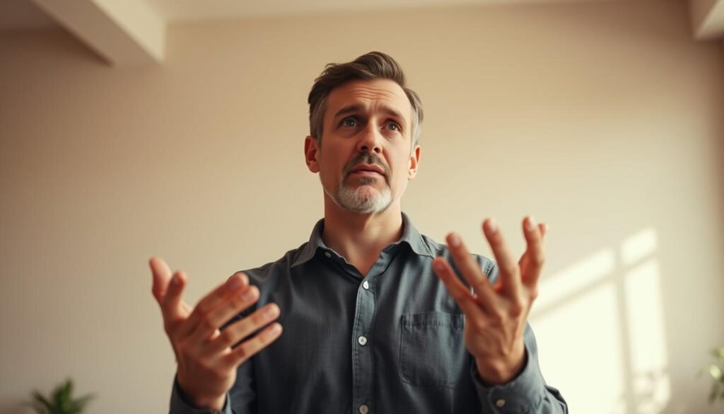 A thoughtful man gesturing with his hands and body in a well-lit, warm-toned interior. His movements express emotion and emphasize his words, showcasing the nuances of nonverbal communication. The scene has a natural, documentary-style feel, captured with a wide-angle lens to include the surrounding environment. Soft, diffused lighting illuminates the subject, creating a sense of intimacy and engagement. The overall atmosphere conveys the importance of nonverbal skills in everyday interactions.