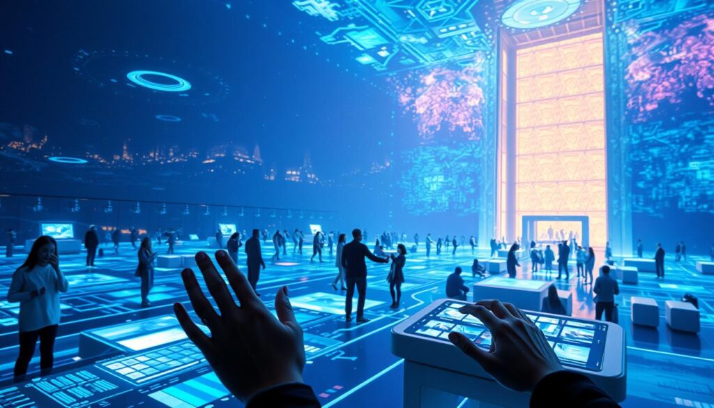 A vast, immersive digital landscape, illuminated by the soft glow of holographic projections. In the foreground, users engage with virtual interfaces, their hands gesturing intuitively as they manipulate data, images, and 3D models. The middle ground is filled with sleek, futuristic devices, their surfaces reflecting the vibrant hues of the environment. In the background, a towering architectural structure stands, its walls adorned with intricate patterns and seamlessly integrated displays. Diffused lighting casts a warm, inviting atmosphere, while a sense of depth and scale evokes a profound sense of technological wonder. This is the embodiment of "teknologi imersif," a vision of the future where seamless interaction with digital realms redefines the boundaries of learning and exploration.