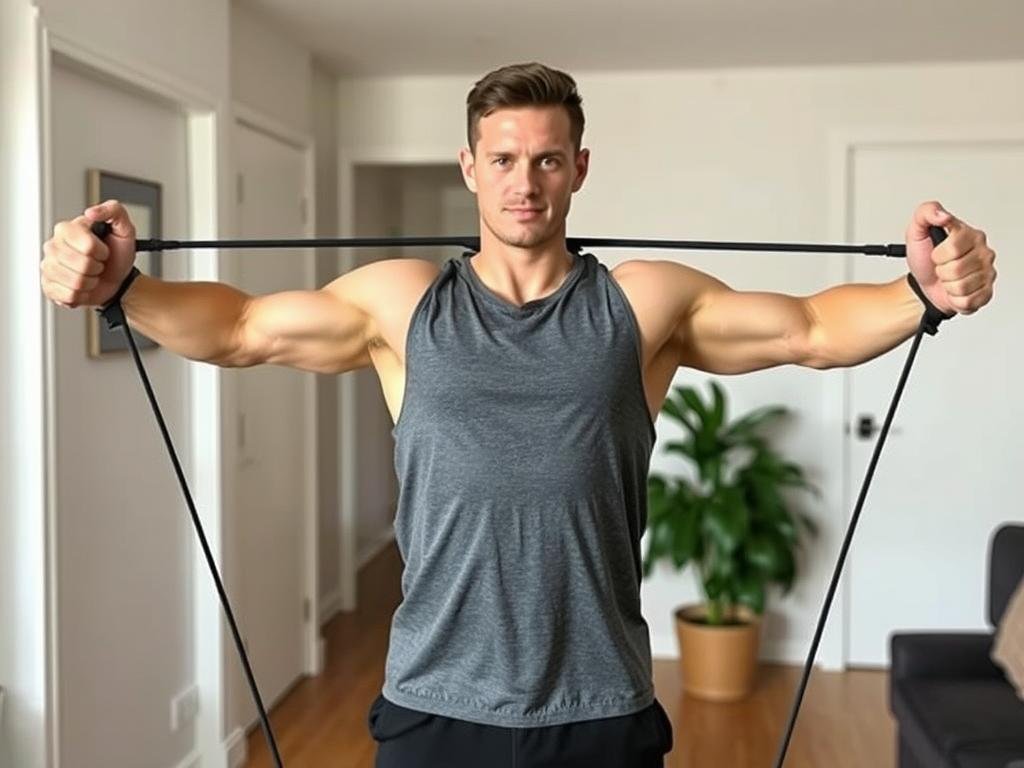 Demonstrasi gerakan chest press dengan resistance band di apartemen Demonstrasi gerakan chest press dengan resistance band di apartemen