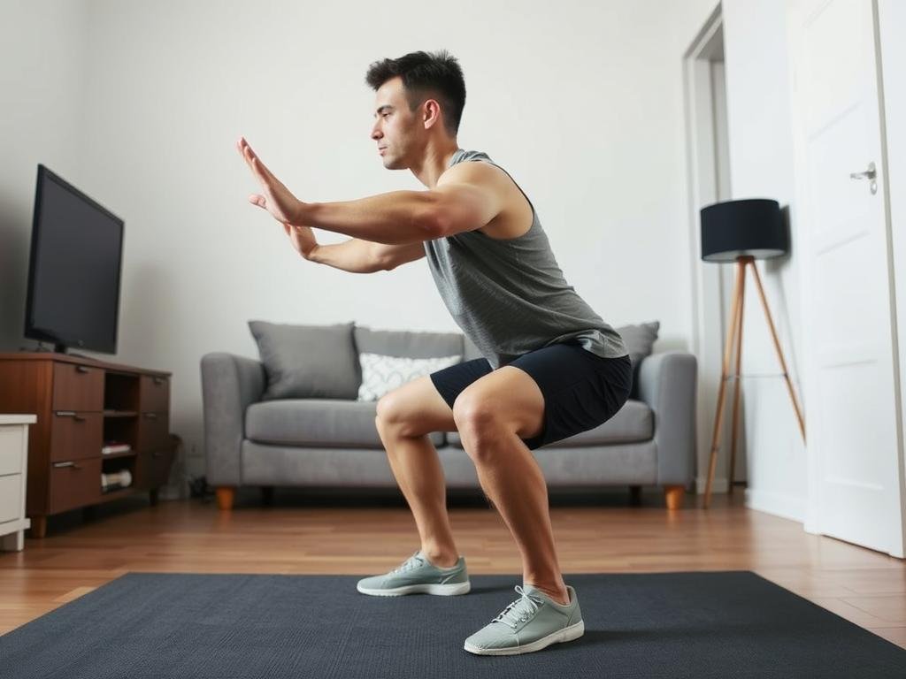 Demonstrasi gerakan squat bodyweight di apartemen Demonstrasi gerakan squat bodyweight di apartemen