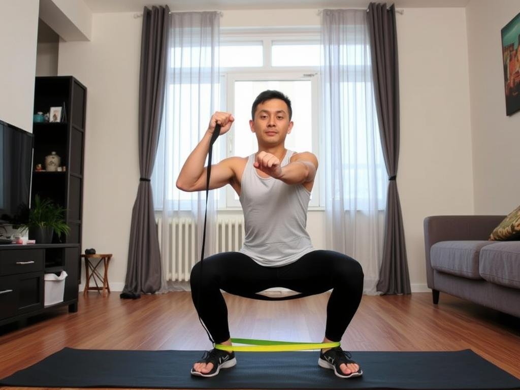 Demonstrasi gerakan squat dengan resistance band di apartemen Demonstrasi gerakan squat dengan resistance band di apartemen