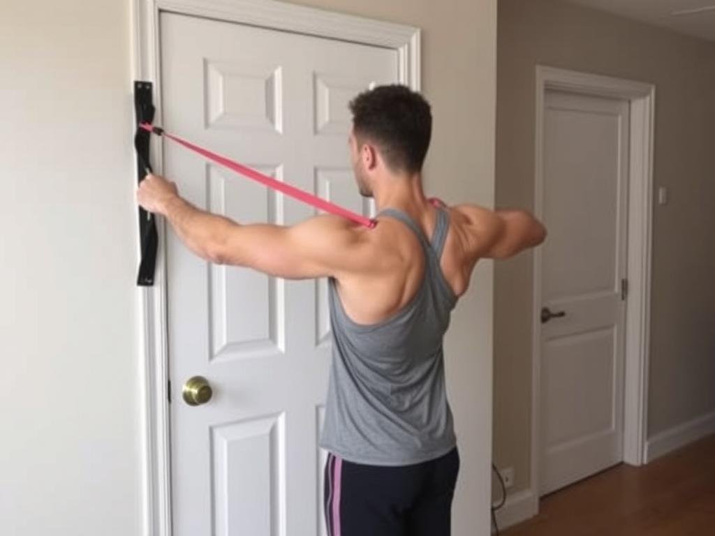 Demonstrasi gerakan standing row dengan resistance band di apartemen Demonstrasi gerakan standing row dengan resistance band di apartemen