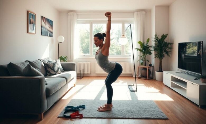 Seseorang melakukan latihan bodyweight di ruang apartemen yang nyaman dengan band resistance