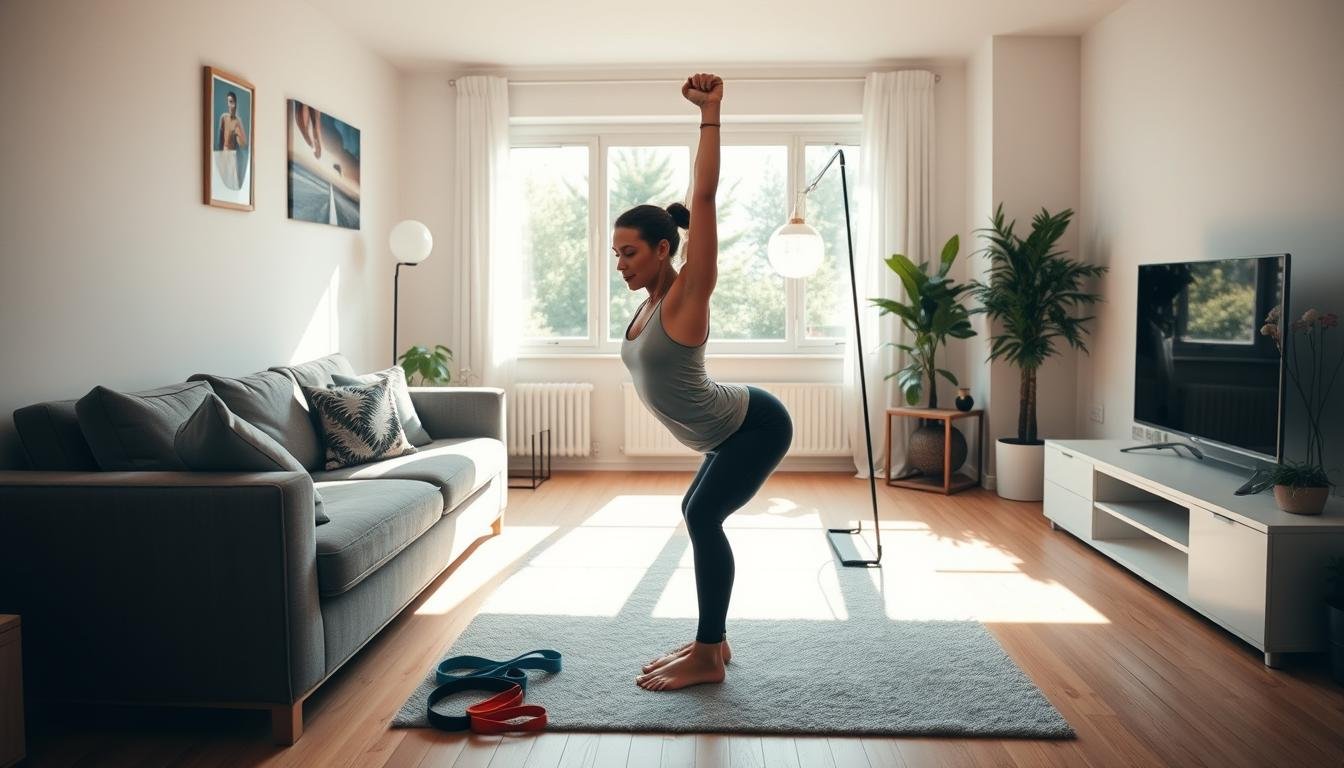Seseorang melakukan latihan bodyweight di ruang apartemen yang nyaman dengan band resistance