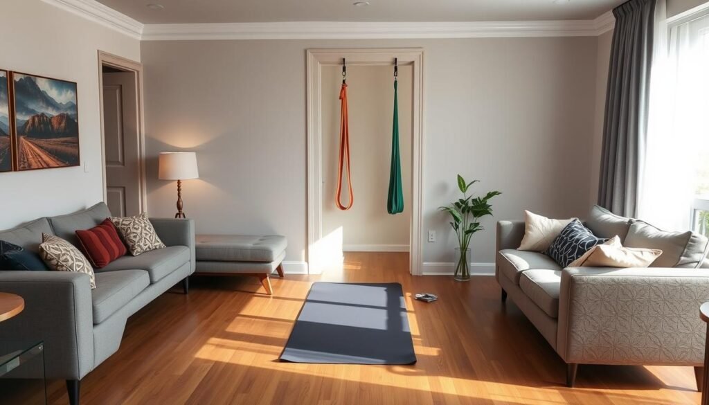 Tata letak ruang apartemen yang dioptimalkan untuk latihan dengan bodyweight dan band resistance Tata letak ruang apartemen yang dioptimalkan untuk latihan dengan bodyweight dan band resistance