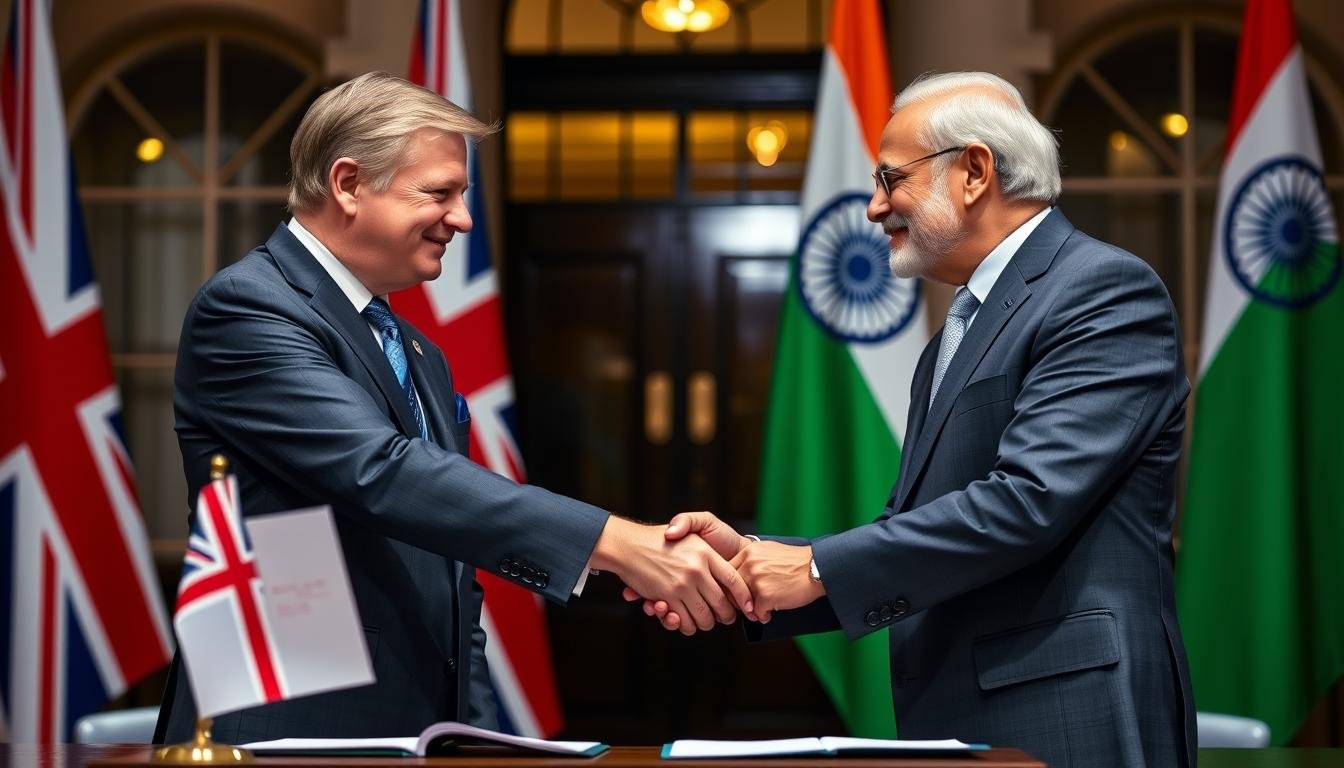 UK and Indian officials shaking hands after signing the free trade agreement