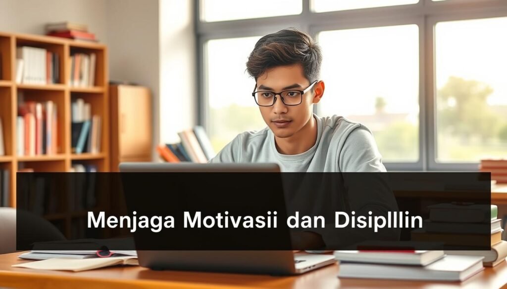 A college student sitting at a desk, focused and determined, surrounded by books, laptop, and study materials. The lighting is warm and natural, casting a soft glow on the scene. In the background, a bookshelf and a window overlooking a scenic campus, conveying a sense of intellectual rigor and academic inspiration. The student's expression is one of deep concentration, their gaze fixed on the task at hand, embodying the drive and discipline necessary for academic success. The overall atmosphere is one of productive studiousness, reflecting the "Menjaga Motivasi dan Disiplin" section of the article. A college student sitting at a desk, focused and determined, surrounded by books, laptop, and study materials. The lighting is warm and natural, casting a soft glow on the scene. In the background, a bookshelf and a window overlooking a scenic campus, conveying a sense of intellectual rigor and academic inspiration. The student's expression is one of deep concentration, their gaze fixed on the task at hand, embodying the drive and discipline necessary for academic success. The overall atmosphere is one of productive studiousness, reflecting the "Menjaga Motivasi dan Disiplin" section of the article.