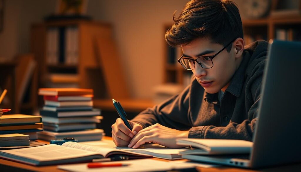 A focused student deeply immersed in a strategic learning process, surrounded by a workspace filled with carefully arranged books, stationery, and a laptop. The scene is bathed in warm, focused lighting that creates a contemplative atmosphere, conveying the student's dedication and the seriousness of their academic pursuits. The composition emphasizes the student's face, hands, and the materials they are using, drawing the viewer's attention to the active, engaged nature of their learning strategy. The background is blurred, creating a sense of depth and emphasizing the foreground elements. Overall, the image conveys a sense of intentionality, organization, and the effective implementation of a strategic approach to academic success. A focused student deeply immersed in a strategic learning process, surrounded by a workspace filled with carefully arranged books, stationery, and a laptop. The scene is bathed in warm, focused lighting that creates a contemplative atmosphere, conveying the student's dedication and the seriousness of their academic pursuits. The composition emphasizes the student's face, hands, and the materials they are using, drawing the viewer's attention to the active, engaged nature of their learning strategy. The background is blurred, creating a sense of depth and emphasizing the foreground elements. Overall, the image conveys a sense of intentionality, organization, and the effective implementation of a strategic approach to academic success.