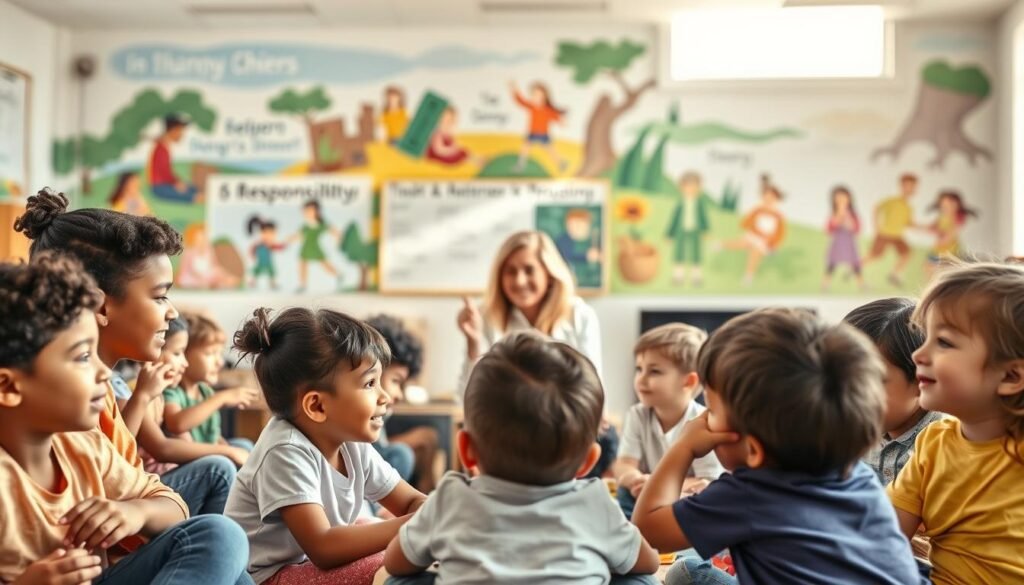 A heartwarming scene of children engaged in character-building activities. In the foreground, a diverse group of young students seated in a cozy, well-lit classroom, their faces alight with wonder as they participate in group discussions and collaborative projects. In the middle ground, a caring teacher guides them, using warm, encouraging gestures. The background reveals vibrant murals depicting scenes of kindness, responsibility, and integrity, creating an atmosphere of intellectual and emotional growth. Soft, natural lighting filters through large windows, casting a serene glow over the entire scene. The overall mood is one of nurturing, discovery, and the blossoming of young minds and characters.