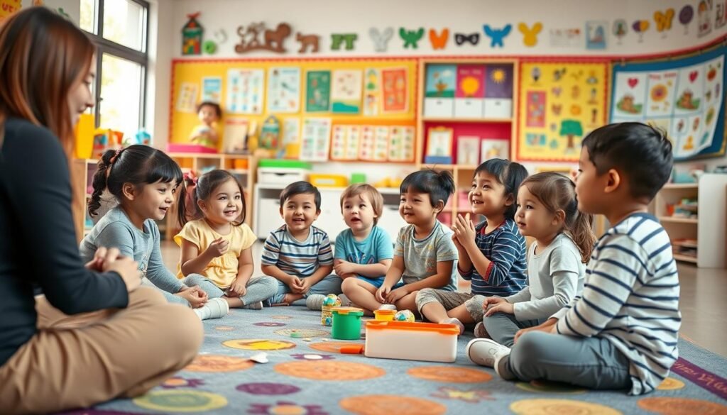A lively classroom setting with engaged young students enthusiastically participating in various educational activities. In the foreground, a group of 5-12 year old children sitting cross-legged on a colorful rug, their faces alight with curiosity as they listen attentively to a teacher guiding them through a hands-on learning exercise. The middle ground features an array of educational toys, books, and learning materials neatly arranged on shelves, creating a stimulating environment. The background showcases vibrant wall displays, showcasing the children's artwork and educational posters, bathed in warm, natural lighting filtering in through large windows. The overall mood is one of joy, discovery, and the nurturing of young minds.