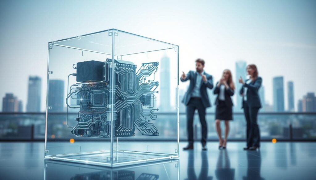 A conceptual representation of AI transparency and explainability: in the foreground, a transparent cube with intricate circuitry inside, symbolizing the inner workings of artificial intelligence. In the middle ground, a diverse group of professionals in business attire, engaged in dynamic discussion and pointing at the cube, illustrating collaboration and inquiry. The background features a soft-focus city skyline, representing a tech-forward society. The lighting is bright and futuristic, with cool tones emphasizing a sense of innovation and clarity. The atmosphere is one of curiosity and empowerment, inviting viewers to explore the complexities of AI and its ethical implications. The perspective is slightly elevated, offering a comprehensive view of the scene without any text or distractions.