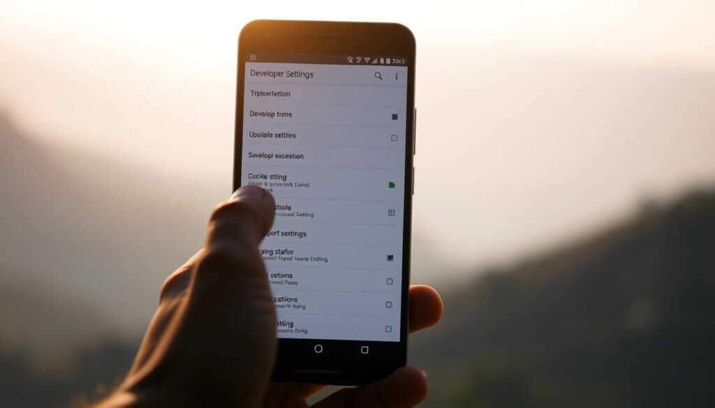 A dimly lit Android smartphone screen, its developer settings interface open, showcasing a range of customizable options. In the foreground, a hand gently interacts with the screen, exploring the various settings. The middle ground features a clean, minimalist design aesthetic, with a soft, muted color palette. The background subtly fades into a blurred, almost ethereal landscape, evoking a sense of focus and concentration. The lighting is warm and natural, casting a gentle glow on the scene. The overall composition conveys a sense of exploration, control, and the careful, considered approach to unlocking the potential of the Android platform. A dimly lit Android smartphone screen, its developer settings interface open, showcasing a range of customizable options. In the foreground, a hand gently interacts with the screen, exploring the various settings. The middle ground features a clean, minimalist design aesthetic, with a soft, muted color palette. The background subtly fades into a blurred, almost ethereal landscape, evoking a sense of focus and concentration. The lighting is warm and natural, casting a gentle glow on the scene. The overall composition conveys a sense of exploration, control, and the careful, considered approach to unlocking the potential of the Android platform.