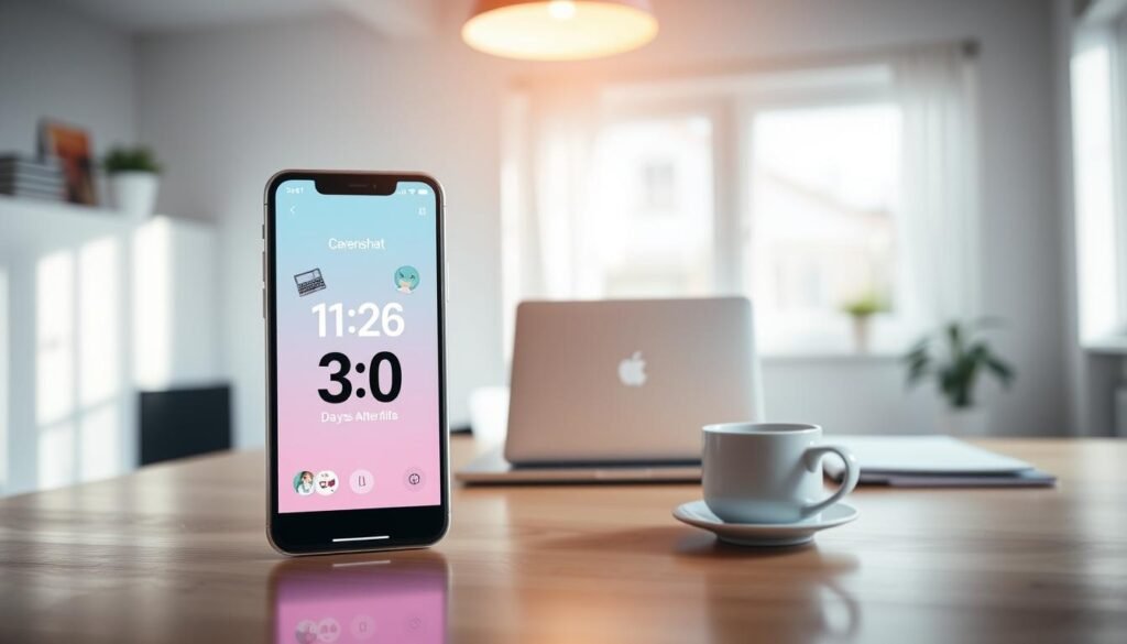 A modern smartphone displayed prominently in the foreground, showcasing a screenshot that automatically deletes after 30 days. The screen glows softly, with an illustrated timer and fading images of memes around it, symbolizing organization. In the middle ground, a clean, organized workspace is depicted, with a laptop and a cup of coffee to reinforce productivity and clarity. The background features a serene home office environment with natural light filtering through a window, creating a fresh and uplifting atmosphere. The image should have a slight blur effect in the background to focus attention on the smartphone and evoke a sense of efficiency and modern technology. The color palette should be light and inviting, emphasizing a feeling of relief from clutter. A modern smartphone displayed prominently in the foreground, showcasing a screenshot that automatically deletes after 30 days. The screen glows softly, with an illustrated timer and fading images of memes around it, symbolizing organization. In the middle ground, a clean, organized workspace is depicted, with a laptop and a cup of coffee to reinforce productivity and clarity. The background features a serene home office environment with natural light filtering through a window, creating a fresh and uplifting atmosphere. The image should have a slight blur effect in the background to focus attention on the smartphone and evoke a sense of efficiency and modern technology. The color palette should be light and inviting, emphasizing a feeling of relief from clutter.