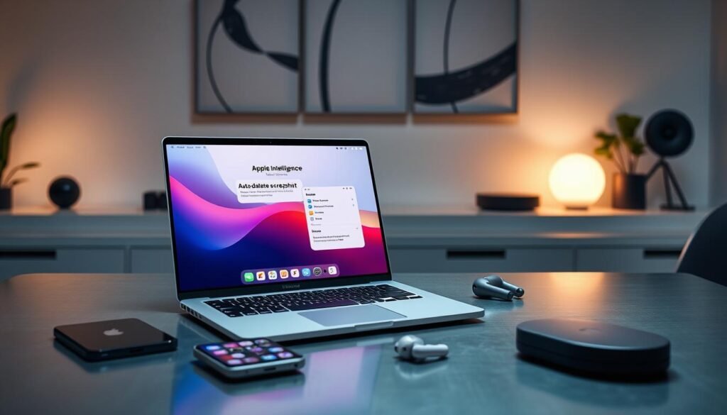 A sleek, futuristic workspace featuring a stylish Apple device displaying the new iOS 27 interface. In the foreground, a modern silver laptop sits open, its screen showcasing vibrant icons and advanced features of Apple Intelligence, like auto-delete screenshot options. Surrounding the laptop are neatly organized tech accessories, including a smartphone and wireless earbuds. In the middle ground, a gentle glow emanates from a smart home device, casting subtle reflections on the steel desk surface. The background reveals a minimalist wall adorned with abstract art, giving a sophisticated feel. The lighting is soft and ambient, highlighting the cutting-edge technology. The mood conveys innovation and modernity, ideal for a tech-savvy audience, emphasizing Apple's advancements in user convenience and smart functionalities. A sleek, futuristic workspace featuring a stylish Apple device displaying the new iOS 27 interface. In the foreground, a modern silver laptop sits open, its screen showcasing vibrant icons and advanced features of Apple Intelligence, like auto-delete screenshot options. Surrounding the laptop are neatly organized tech accessories, including a smartphone and wireless earbuds. In the middle ground, a gentle glow emanates from a smart home device, casting subtle reflections on the steel desk surface. The background reveals a minimalist wall adorned with abstract art, giving a sophisticated feel. The lighting is soft and ambient, highlighting the cutting-edge technology. The mood conveys innovation and modernity, ideal for a tech-savvy audience, emphasizing Apple's advancements in user convenience and smart functionalities.