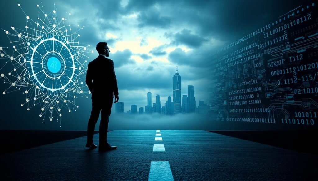 A visually striking representation of bias in artificial intelligence systems. In the foreground, a human silhouette, dressed in professional business attire, stands at a crossroads, looking contemplative. One path is surrounded by efficient, glowing AI algorithms represented by abstract, luminous patterns, while the other path, shrouded in shadows, illustrates examples of bias and discrimination, depicted by distorted data streams and broken circuit boards. In the middle ground, a digital cityscape looms, with skyscrapers made of binary code, blending into a cloudy sky, symbolizing the duality of technology. Soft, ambient lighting casts dramatic shadows, enhancing the tension and mood of the scene, capturing the ethical dilemmas of AI. The angle is slightly elevated, providing a broad view of the contrasting paths and their implications.