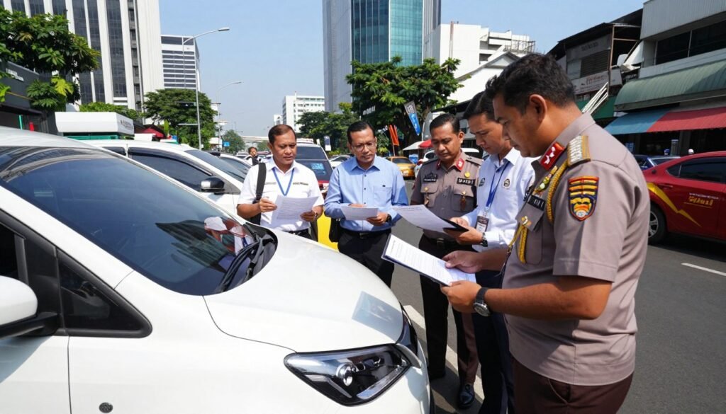 A contemporary urban scene depicting the challenges of implementing autonomous vehicles in Jakarta, focusing on regulatory hurdles posed by Satpol PP. In the foreground, a sleek autonomous vehicle is halted at a checkpoint, with an official dressed in professional attire inspecting documentation. In the middle ground, a diverse group of city officials and transport planners discuss plans, surrounded by digital map displays and regulatory documents. In the background, a bustling Jakarta street is visible with traffic, tall buildings, and vibrant street life under a clear blue sky. The lighting is bright and balanced, creating a dynamic atmosphere of urgency and collaboration, shot from a low angle to emphasize the vehicle’s advanced technology and the human element of regulation.