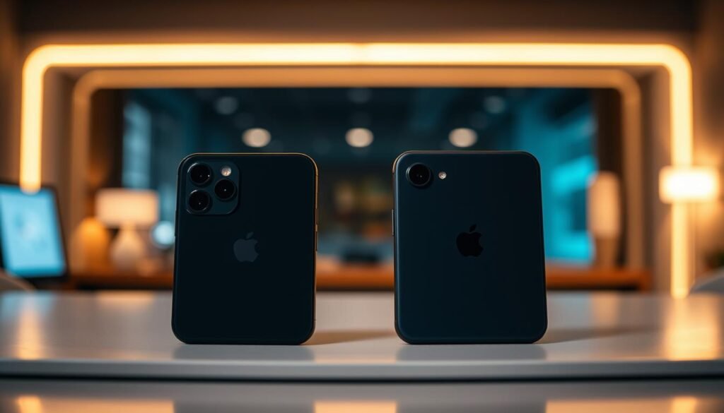 A vivid comparison image of two smartphones, the iPhone SE 3 and Pixel 7a, positioned side by side on a sleek, modern table. In the foreground, emphasize the cameras of both devices, highlighting their lenses and design details. In the middle, use a backdrop of a dimly lit room with various lighting conditions: one area softly illuminated by warm light, showcasing the iPhone SE 3, and another with cooler tones spotlighting the Pixel 7a. Capture the essence of a high-tech, analytical mood, with a subtle glow reflecting off the devices to signify their advanced photographic capabilities. The focus should be sharp and detailed on the cameras, conveying a sense of depth and contrast in lighting. No text or additional elements should detract from the focus on the smartphones themselves.