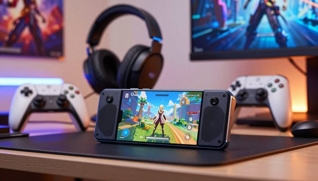 A close-up image showcasing a modern gaming smartphone prominently featuring stereo speakers, set against a vibrant gaming environment. In the foreground, the smartphone is displayed on a sleek gaming desk, with its screen illuminated, showing a dynamic scene from Genshin Impact. The middle ground includes stylish gaming accessories like a gaming headset and a controller, adding to the gaming ambiance. The background is softly blurred with LED lights and posters of popular games, creating an energetic and immersive atmosphere. Soft, warm lighting enhances the sleek design of the smartphone, and the angle is slightly elevated, providing a dynamic perspective. The scene conveys excitement and sophistication, emphasizing the essential audio features for gamers. A close-up image showcasing a modern gaming smartphone prominently featuring stereo speakers, set against a vibrant gaming environment. In the foreground, the smartphone is displayed on a sleek gaming desk, with its screen illuminated, showing a dynamic scene from Genshin Impact. The middle ground includes stylish gaming accessories like a gaming headset and a controller, adding to the gaming ambiance. The background is softly blurred with LED lights and posters of popular games, creating an energetic and immersive atmosphere. Soft, warm lighting enhances the sleek design of the smartphone, and the angle is slightly elevated, providing a dynamic perspective. The scene conveys excitement and sophistication, emphasizing the essential audio features for gamers.