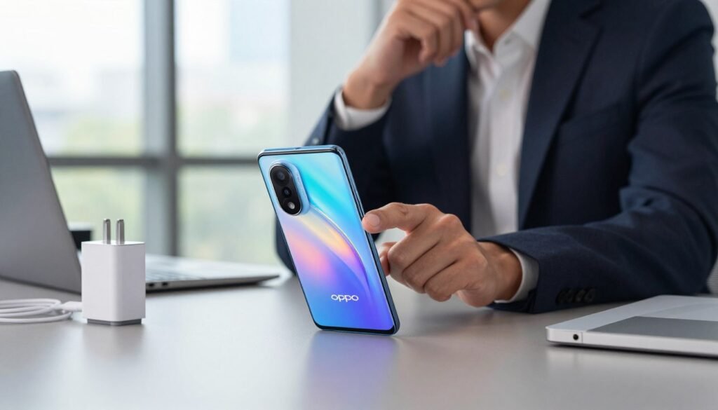 A modern workspace showcasing a sleek OPPO smartphone with fast charging capabilities prominently displayed in the foreground on a stylish desk. The smartphone is angled to highlight its vibrant screen and innovative design, surrounded by charging accessories like a fast charger and cables. In the middle ground, a person in smart business attire thoughtfully examines the smartphone, symbolizing the process of choosing the right device based on fast charging needs. The background features a blurred office environment with soft natural light filtering through large windows, creating a professional and inviting atmosphere. The overall mood conveys a sense of efficiency and modernity, perfect for illustrating tips on selecting smartphones. A modern workspace showcasing a sleek OPPO smartphone with fast charging capabilities prominently displayed in the foreground on a stylish desk. The smartphone is angled to highlight its vibrant screen and innovative design, surrounded by charging accessories like a fast charger and cables. In the middle ground, a person in smart business attire thoughtfully examines the smartphone, symbolizing the process of choosing the right device based on fast charging needs. The background features a blurred office environment with soft natural light filtering through large windows, creating a professional and inviting atmosphere. The overall mood conveys a sense of efficiency and modernity, perfect for illustrating tips on selecting smartphones.
