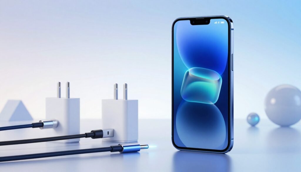 A sleek and modern smartphone featuring the SuperVOOC dual-cell charging technology stands prominently in the foreground, showcasing its vibrant display and elegant design. The device emits a soft, glowing light from the charging port, hinting at its fast charging capabilities. In the middle ground, an array of charging cables and power adapters in varying styles are meticulously arranged, emphasizing the innovative technology. The background features a subtle gradient of blue and white, symbolizing speed and efficiency, with abstract geometric shapes to represent advanced technology. Soft, diffused lighting creates a futuristic atmosphere, casting gentle shadows and highlights, ideal for a tech-savvy audience. The overall composition conveys a sense of cutting-edge innovation and progress in smartphone charging technology. A sleek and modern smartphone featuring the SuperVOOC dual-cell charging technology stands prominently in the foreground, showcasing its vibrant display and elegant design. The device emits a soft, glowing light from the charging port, hinting at its fast charging capabilities. In the middle ground, an array of charging cables and power adapters in varying styles are meticulously arranged, emphasizing the innovative technology. The background features a subtle gradient of blue and white, symbolizing speed and efficiency, with abstract geometric shapes to represent advanced technology. Soft, diffused lighting creates a futuristic atmosphere, casting gentle shadows and highlights, ideal for a tech-savvy audience. The overall composition conveys a sense of cutting-edge innovation and progress in smartphone charging technology.