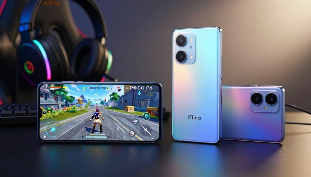 A visually striking comparison of two smartphones designed for gaming: the POCO F6 and Infinix GT 20 Pro. In the foreground, showcase both phones side by side, highlighting their vibrant screens displaying in-game visuals from Genshin Impact. The POCO F6 should have a high refresh rate display with dynamic colors, while the Infinix GT 20 Pro shines with an impressive brightness level, illuminating the scene. The middle ground features a blurred gaming setup with accessories such as a gaming headset and RGB lighting, suggesting an immersive gaming environment. In the background, a subtle gradient of dark to light colors enhances the energy and anticipation of gaming. Use soft, natural lighting with a slight lens flare effect to create a contemporary and engaging atmosphere, emphasizing the high-performance capability of each device while maintaining a clean, professional finish. A visually striking comparison of two smartphones designed for gaming: the POCO F6 and Infinix GT 20 Pro. In the foreground, showcase both phones side by side, highlighting their vibrant screens displaying in-game visuals from Genshin Impact. The POCO F6 should have a high refresh rate display with dynamic colors, while the Infinix GT 20 Pro shines with an impressive brightness level, illuminating the scene. The middle ground features a blurred gaming setup with accessories such as a gaming headset and RGB lighting, suggesting an immersive gaming environment. In the background, a subtle gradient of dark to light colors enhances the energy and anticipation of gaming. Use soft, natural lighting with a slight lens flare effect to create a contemporary and engaging atmosphere, emphasizing the high-performance capability of each device while maintaining a clean, professional finish.